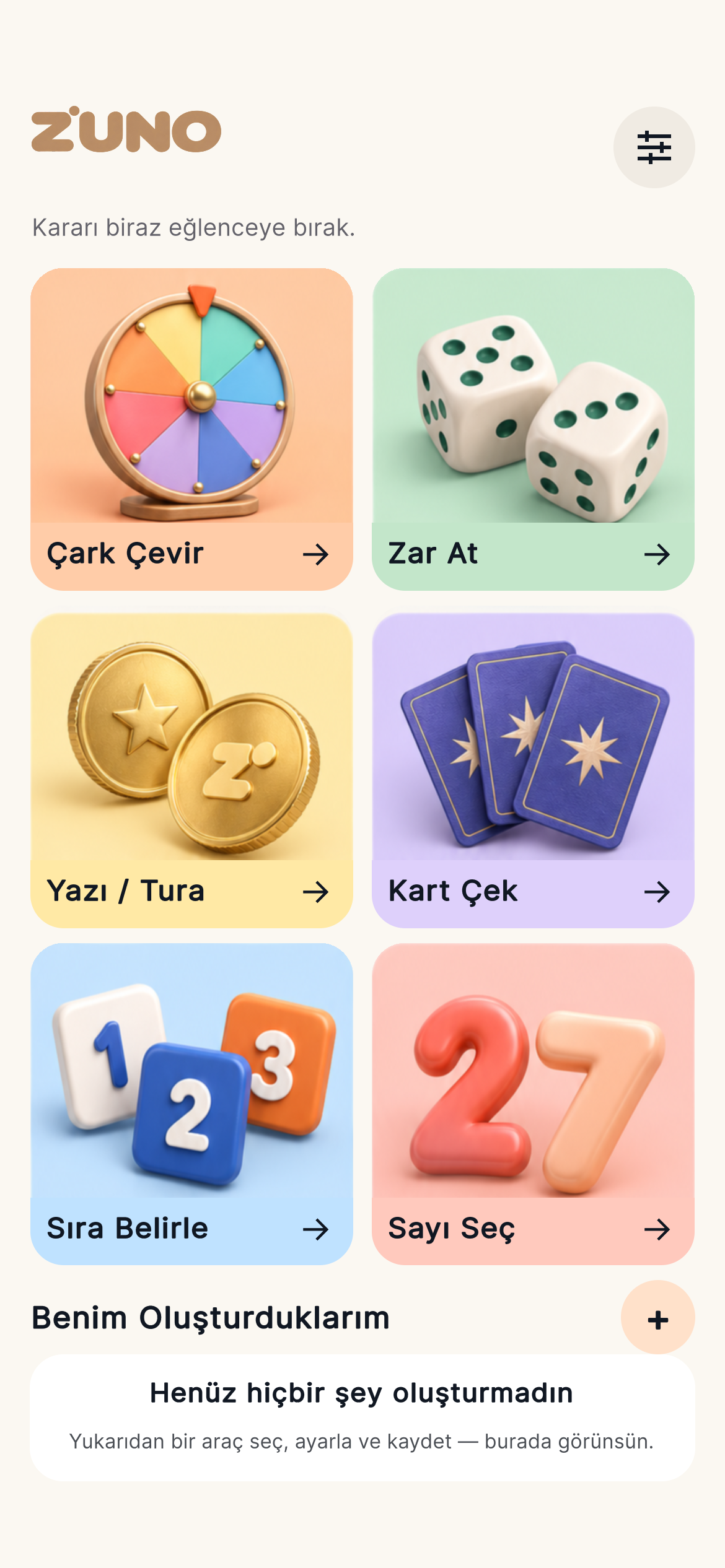 Zuno ana ekranında altı seçim aracı ve Benim Oluşturduklarım bölümü